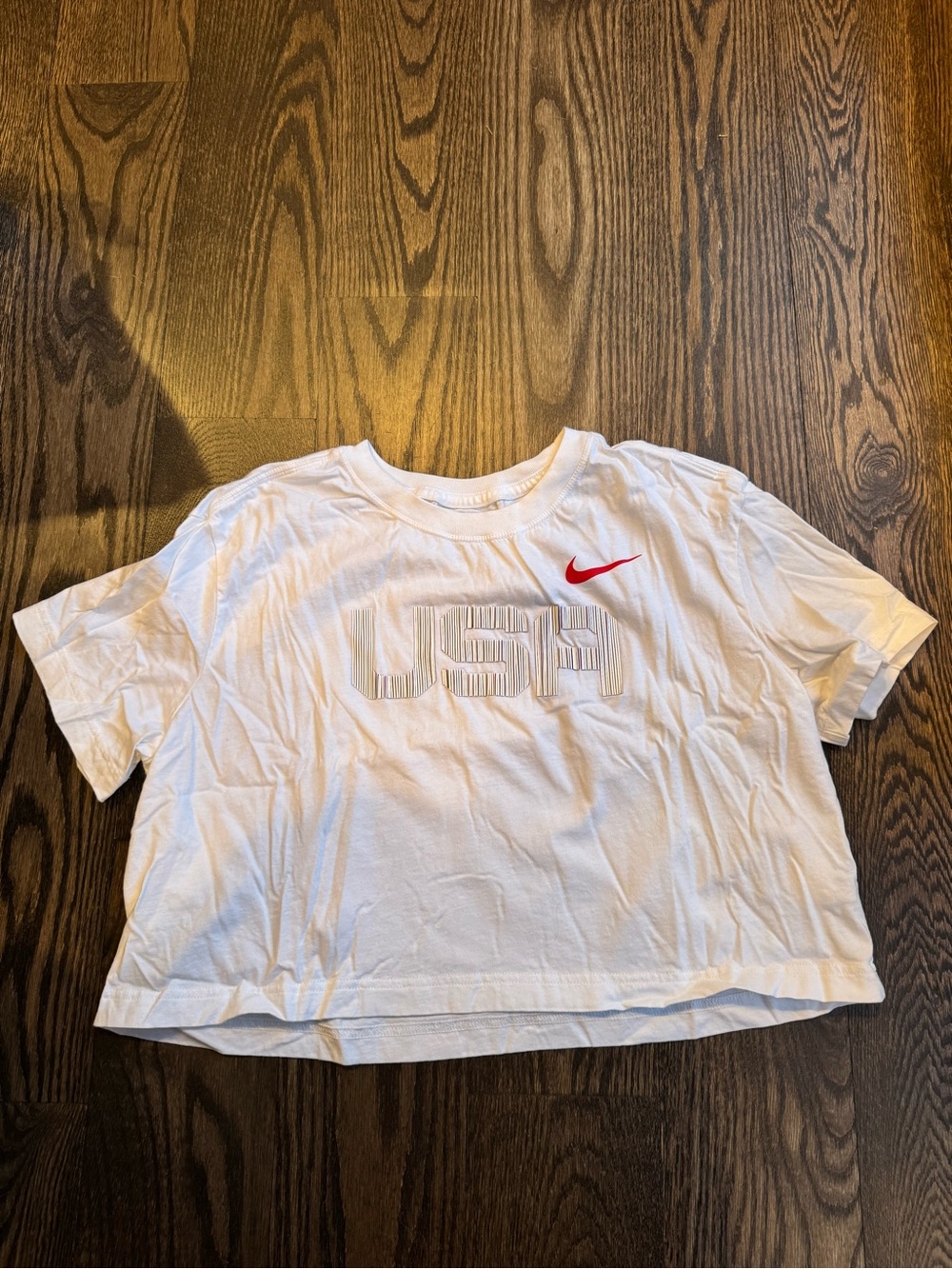 Nike White Crop Top with Red Swoosh and USA Graphic
